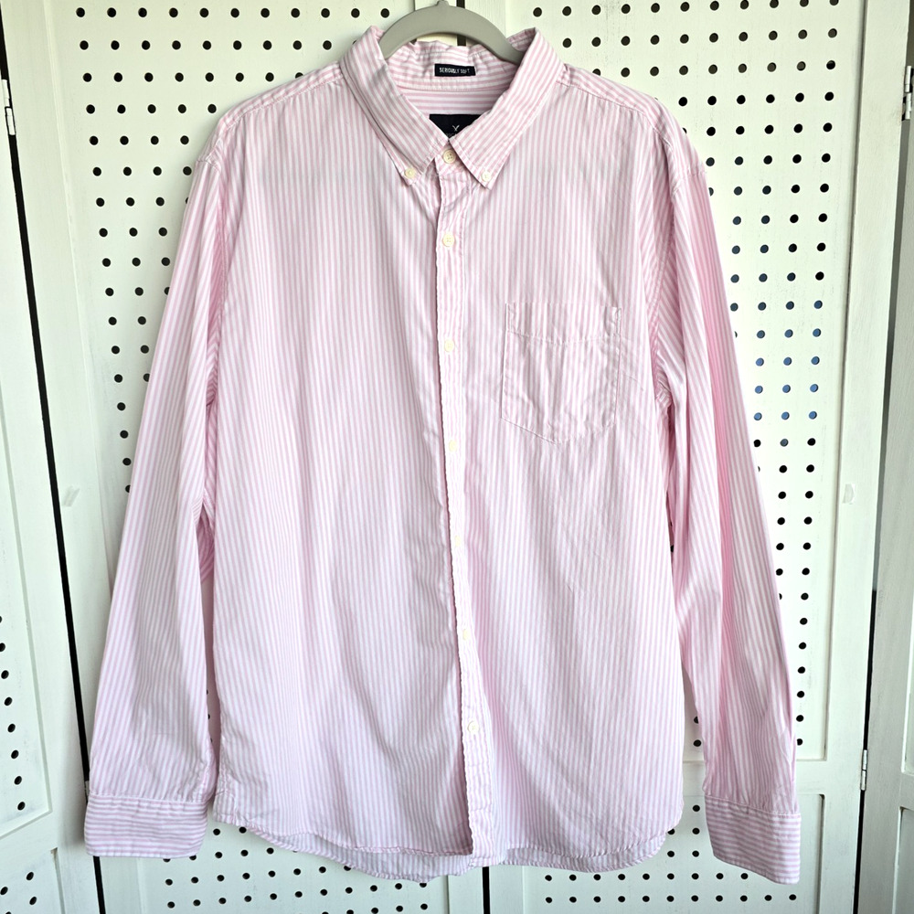 American Eagle AE Seriously Soft Pink White Stripe Button LS Shirt Mens SIZE XL